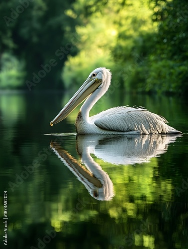 Pelicans floating on the summer riverbank