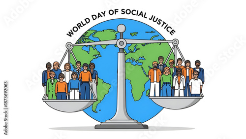 Social justice global equality illustration showing balanced scale with diverse people and world map representing fairness inclusion human dignity and equal rights awareness