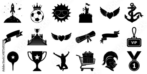 Collection of Black and White Icons for Success and Achievement Keywords: rocket, spaceship