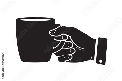 Hand holding cup of coffee black silhouette on white background