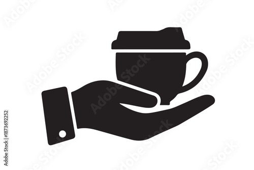 Hand holding cup of coffee black silhouette on white background