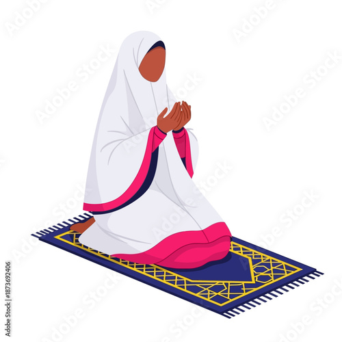 Muslim woman in white prayer dress sitting on rug raising hands for dua prayer flat vector illustration isolated on white