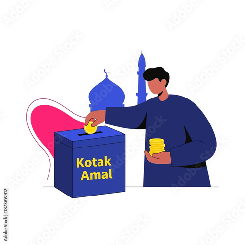 Muslim man putting coin into blue Kotak Amal charity box for Zakat and Sadaqah concept flat vector illustration