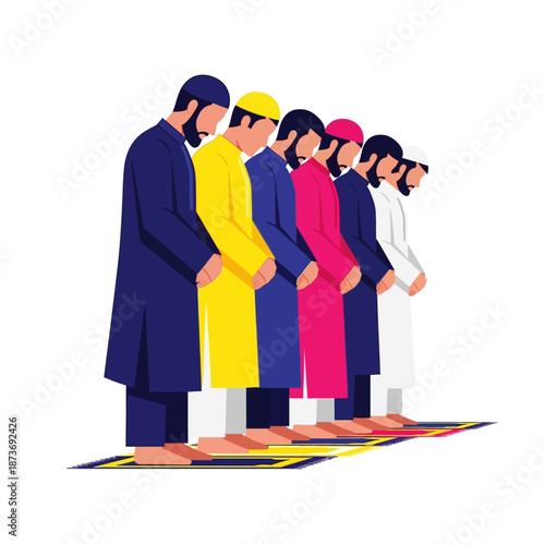 Side view vector illustration of diverse Muslim men standing in a row performing Salah prayer on mats isolated on white background