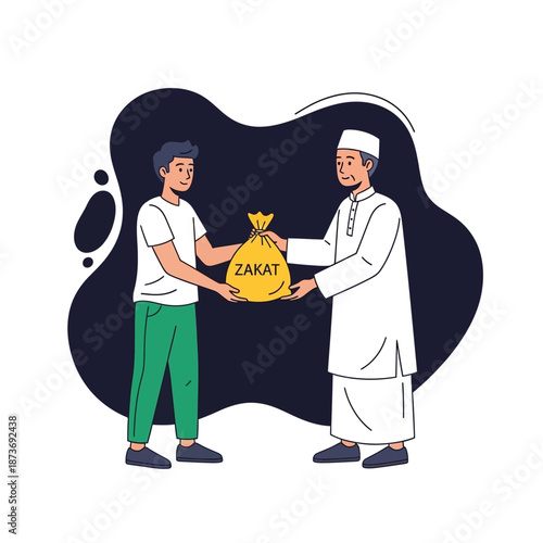 Young man giving a yellow donation sack labeled Zakat to an elderly Muslim man in traditional clothes vector illustration