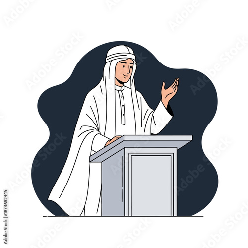 Muslim man in traditional clothing giving a speech or sermon from behind a podium vector illustration