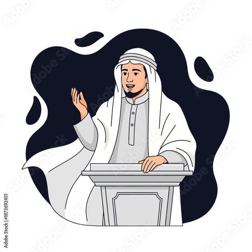 Muslim man in traditional Arab clothing giving a speech or sermon at a podium vector illustration