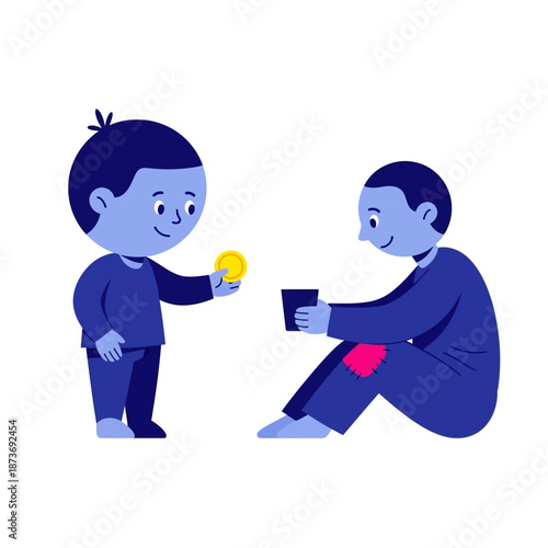 Little boy giving a gold coin to a homeless man sitting on the ground with a cup vector illustration isolated on white background