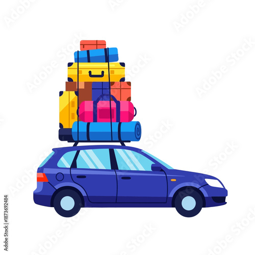 Side view of blue car heavily loaded with pile of luggage and suitcases on roof rack for road trip vector illustration