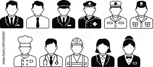 Black and white vector icon set representing various professions like doctor, police, chef, and business people for modern web design