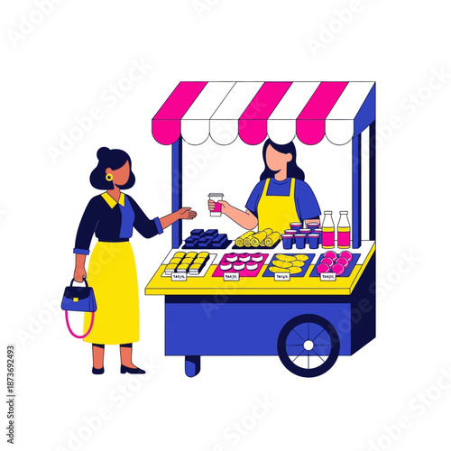 Woman street food vendor selling snacks and drinks from a market stall cart to a female customer vector illustration