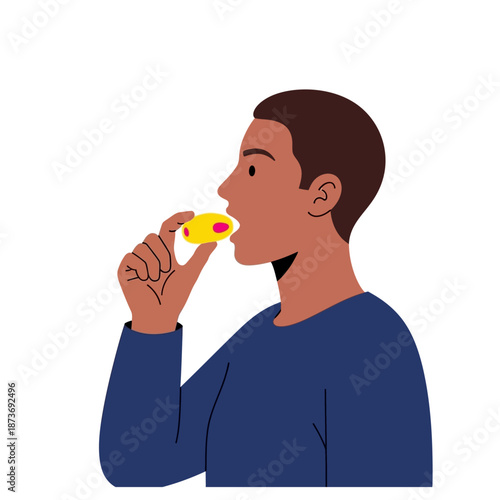 Side view of a man eating a yellow date fruit or snack to break his fast during Ramadan vector illustration