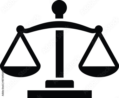 Black and white vector illustration of the scales of justice icon, isolated on white, symbolizing legal court, equality, and balance