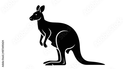 Kangaroo Silhouette Standing on White Background.