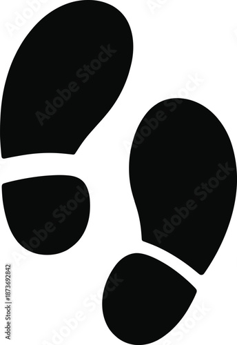 Black footprints icon set showing shoe sole silhouette paths for walking, tracking, detective evidence, human steps, and progress direction symbols