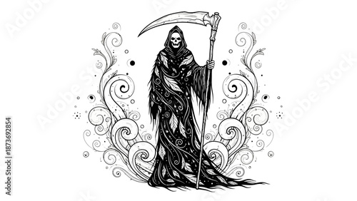 Grim Reaper Illustration with Scythe and Robe.