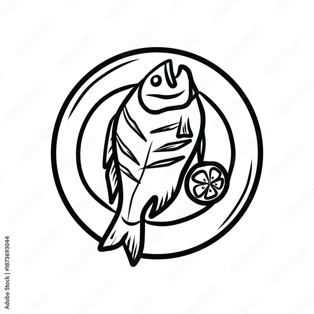 Fototapeta premium Grilled Fish on a Plate with Lemon Slice Line Art Illustration