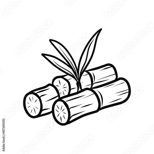 Cut Sugarcane Stalks with Leaves Line Art Illustration