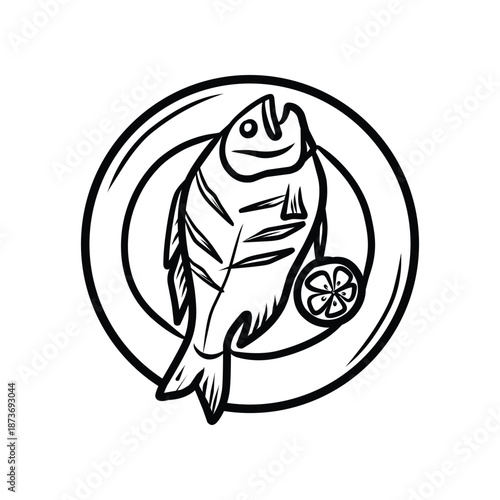 Grilled Fish on a Plate with Lemon Slice Line Art Illustration