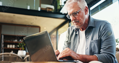 Quadro su tela Old man, glasses and typing in home with laptop for asset management, retirement fund or prepare will