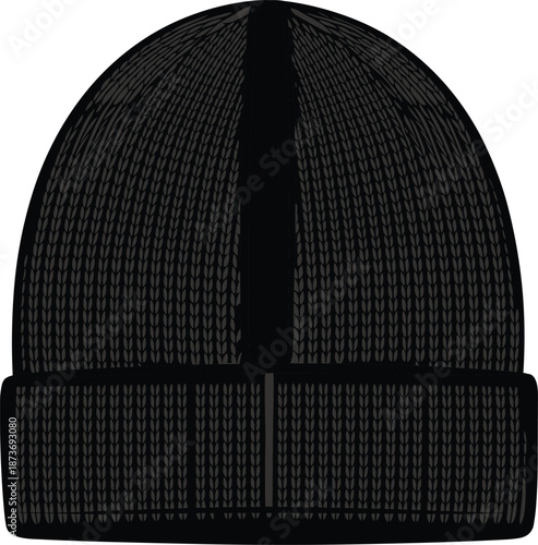 Black knitted beanie hat vector illustration isolated on white background, winter clothing accessory, warm headwear mock up for fashion design