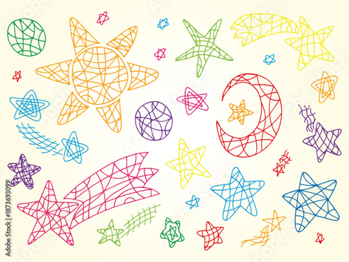Space. Vector doodle Set of Colorful Sun, Moon (Crescent), Stars, Comets
