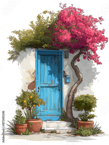 Mediterranean Style Blue Door with Flowers and Greenery: Inviting Scene of Heritage Architecture and Nature Inspired Urban Garden