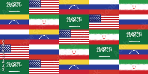 World oil industry background. Flags of the largest oil producing countries. Oil rig pumpjack background. Petroleum industry. Crude oil