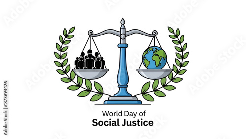 Social justice concept illustration showing equality balance with people and global responsibility symbol for human rights awareness inclusion fairness diversity and social harmony