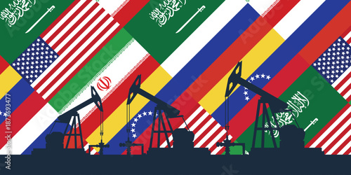World oil industry background. Flags of the largest oil producing countries. Oil rig pumpjack background. Petroleum industry. Crude oil