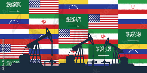 World oil industry background. Flags of the largest oil producing countries. Oil rig pumpjack background. Petroleum industry. Crude oil