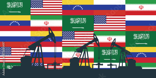 World oil industry background. Flags of the largest oil producing countries. Oil rig pumpjack background. Petroleum industry. Crude oil