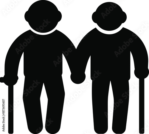 Black silhouette vector icon depicting an elderly senior couple holding hands and walking with canes, symbolizing retirement, aging, and love