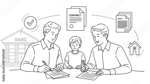 Family Signing Contract Together at Table.