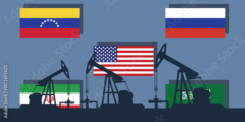 World oil industry background. Flags of the largest oil producing countries. Oil rig pumpjack background. Petroleum industry. Crude oil