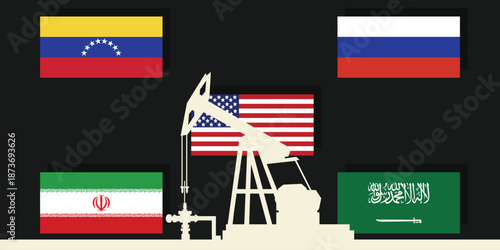 World oil industry background. Flags of the largest oil producing countries. Oil rig pumpjack background. Petroleum industry. Crude oil