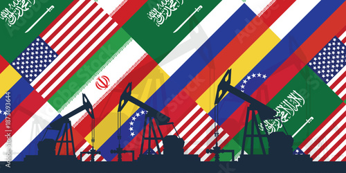 World oil industry background. Flags of the largest oil producing countries. Oil rig pumpjack background. Petroleum industry. Crude oil
