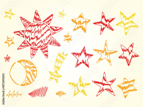 Vector doodle Set of Colorful Sun, Moon (Crescent), Stars, Comets