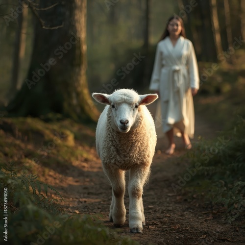 Lamb walking in forest with woman