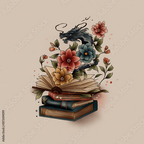 Mystical Dragon and Floral Illustration on Open Book: A Whimsical and Artistic Fantasy Literature Adventure with Vintage Books and Botanical Inspiration