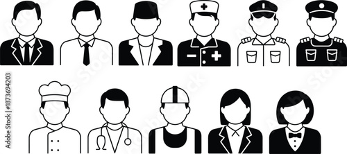 Collection of black and white vector icons representing diverse professions like doctor, police, chef, and business people for modern interface