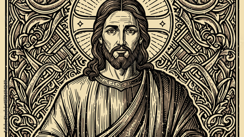 Jesus Christ Portrait with Halo and Robes.
