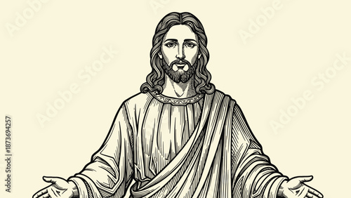 Jesus Christ illustration with outstretched arms.