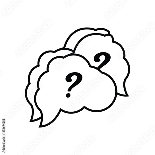 Graphic illustration of a chat bubble interaction with a prominent question mark, inviting users to ask, provide feedback, and resolve any doubt, fostering clear communication and thinking
