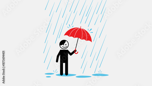 A successful businessman in a black suit stands under a red umbrella for protection and safety as a 3D concept of security in rainy weather