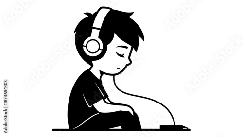A stylized black and white illustration of a young person sitting cross-legged with headphones on, eyes closed in peaceful contemplation.