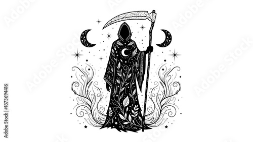 Grim Reaper Illustration with Scythe and Robe.