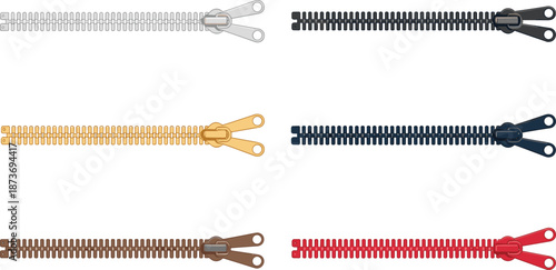 Collection of six colorful vector zippers with double sliders for fashion design, sewing fasteners isolated on white background illustration set