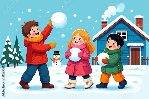 Joyful children playing with snowballs in a cozy winter wonderland scene