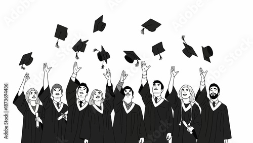 Graduates in Robes Throwing Caps in Air.